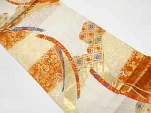 リサイクル　扇に花鳥・古典柄模様織出し袋帯